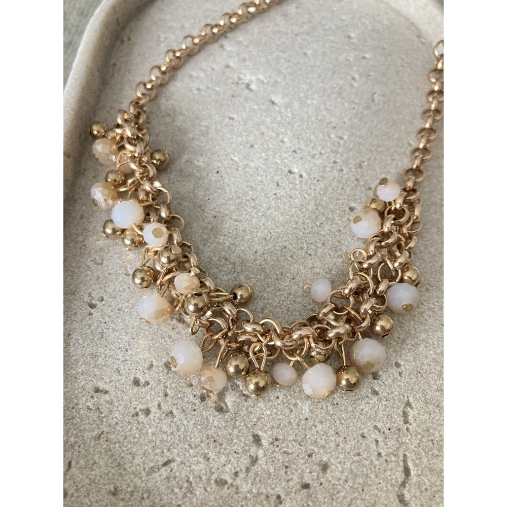 Gold Tone Cream Beaded‎ Cluster Charm Necklace Ivory Peach Romantic Coquette